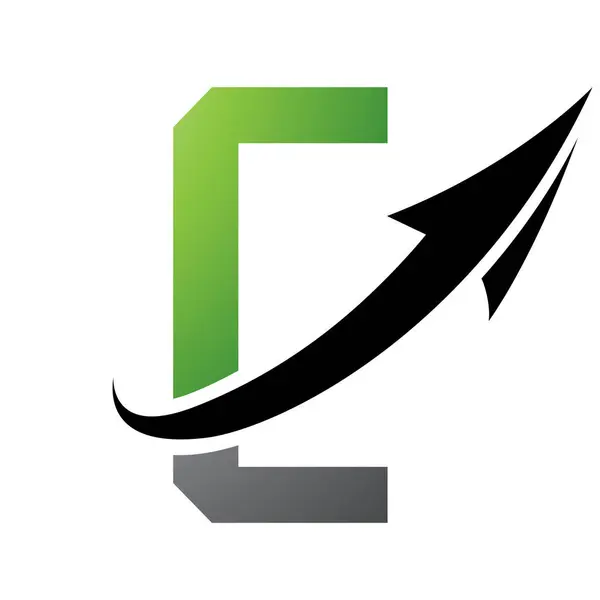 Green and Black Futuristic Letter C Icon with an Arrow on a White Background