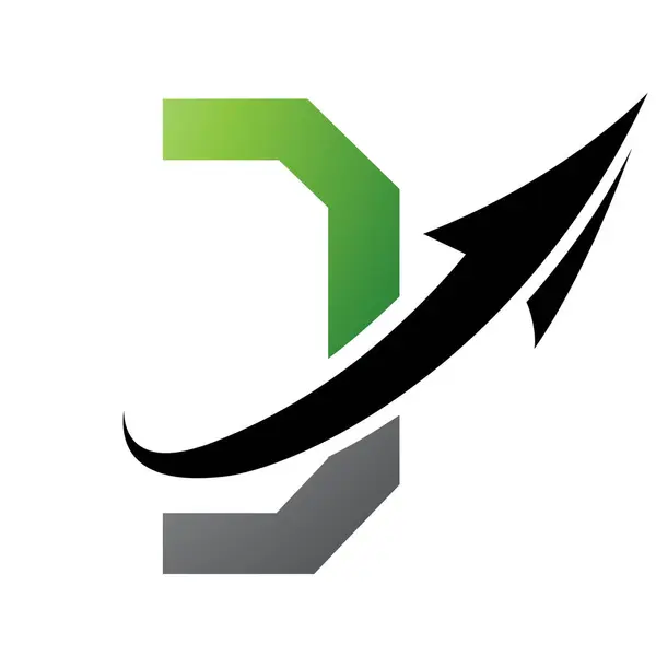 Green and Black Futuristic Letter D Icon with an Arrow on a White Background