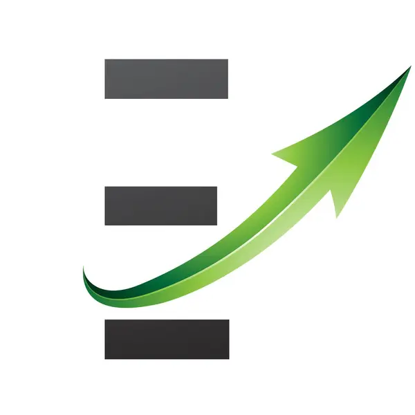 Green and Black Futuristic Letter E Icon with a Glossy Arrow on a White Background