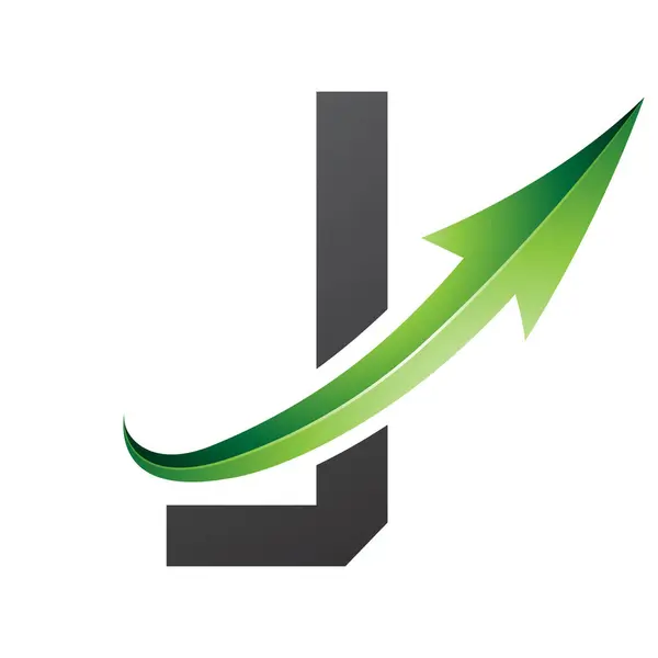 Green and Black Futuristic Letter J Icon with a Glossy Arrow on a White Background
