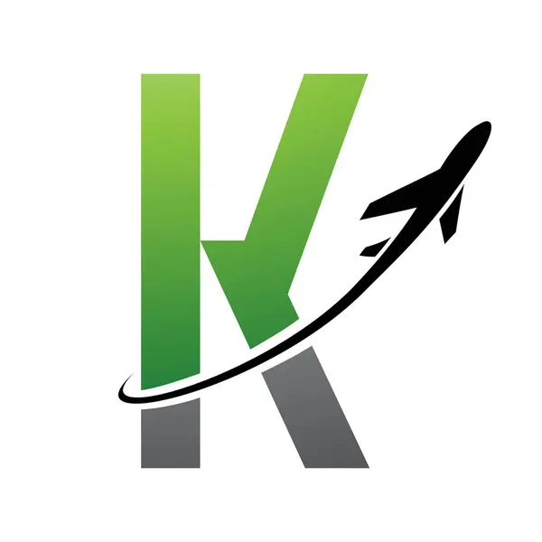 Green and Black Futuristic Letter K Icon with an Airplane on a White Background