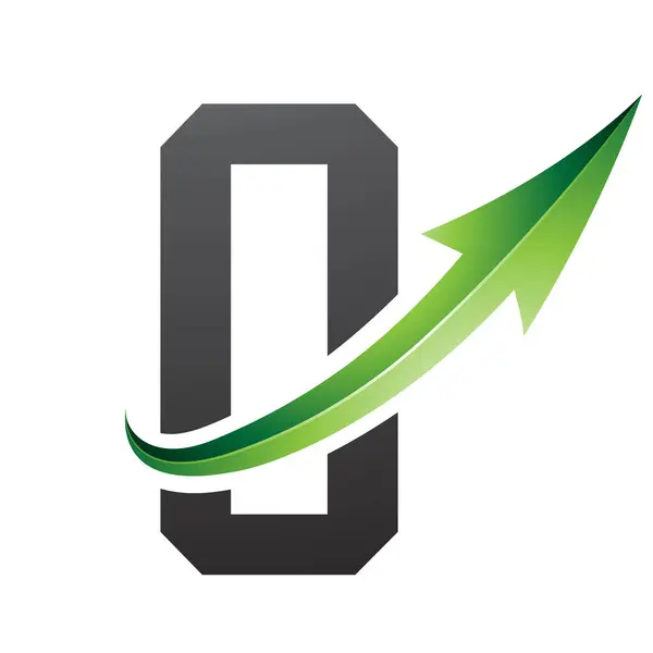 Green and Black Futuristic Letter O Icon with a Glossy Arrow on a White Background