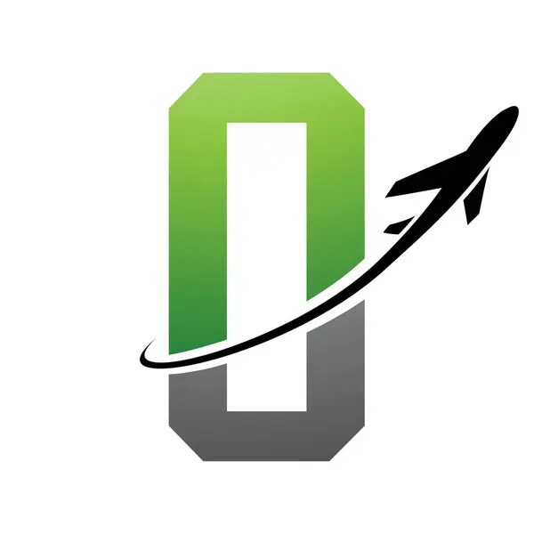 Green and Black Futuristic Letter O Icon with an Airplane on a White Background