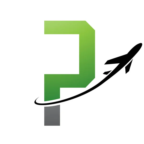 Green and Black Futuristic Letter P Icon with an Airplane on a White Background