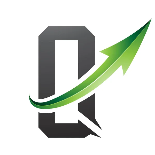 Green and Black Futuristic Letter Q Icon with a Glossy Arrow on a White Background