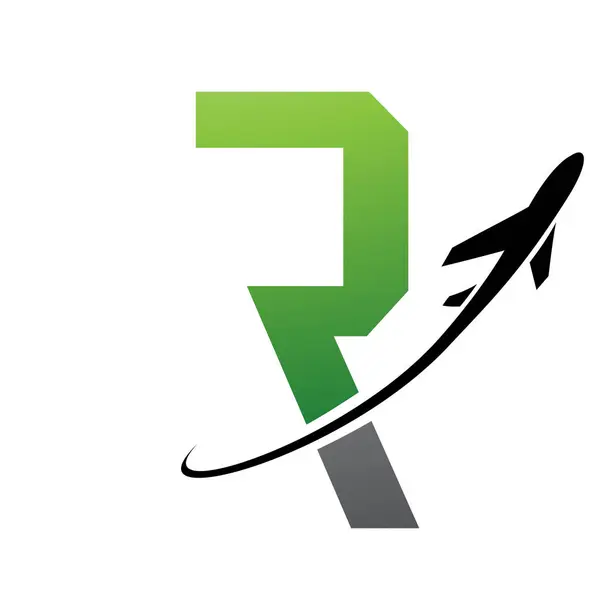 Green and Black Futuristic Letter R Icon with an Airplane on a White Background