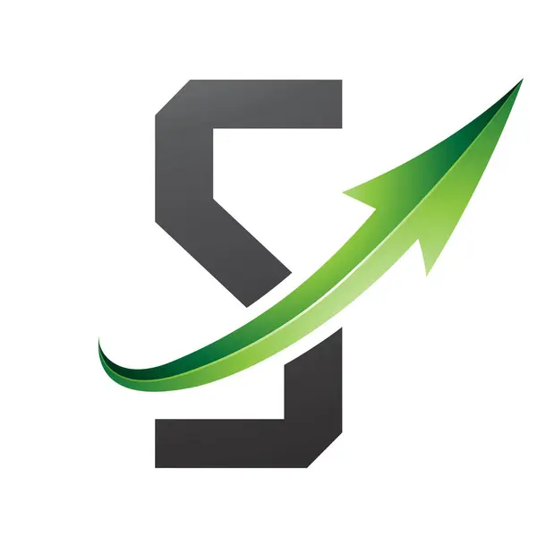 Green and Black Futuristic Letter S Icon with a Glossy Arrow on a White Background
