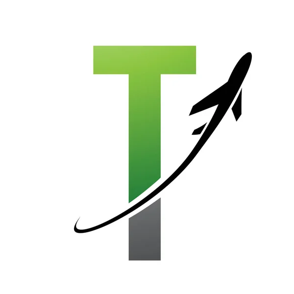 Green and Black Futuristic Letter T Icon with an Airplane on a White Background