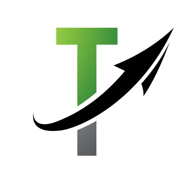 Green and Black Futuristic Letter T Icon with an Arrow on a White Background