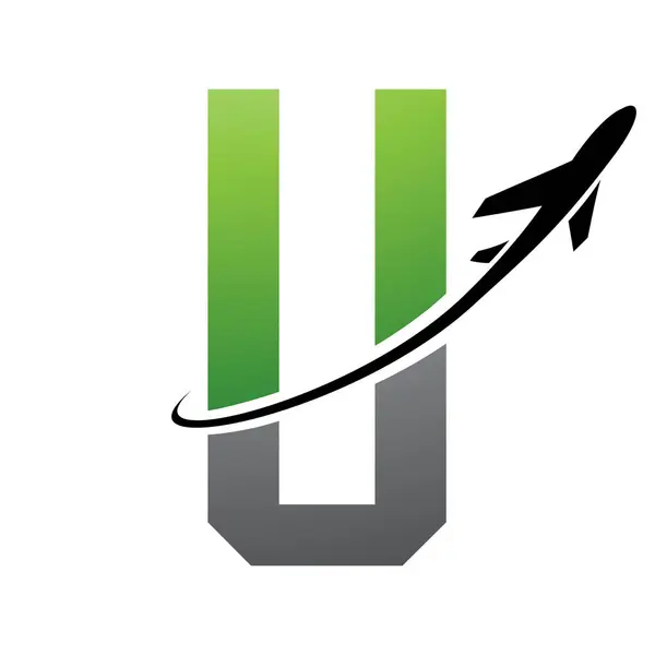 Green and Black Futuristic Letter U Icon with an Airplane on a White Background