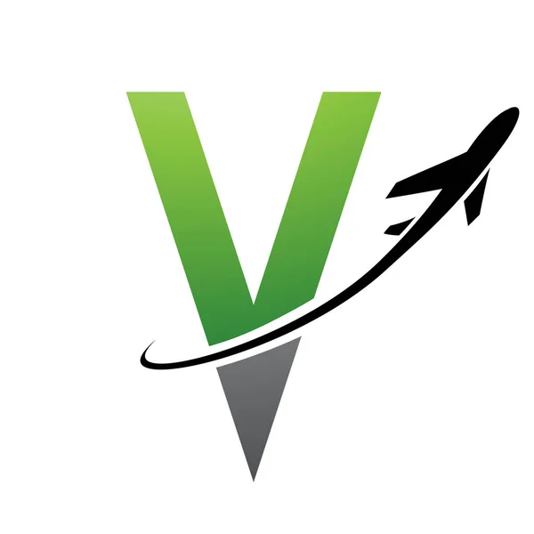 Green and Black Futuristic Letter V Icon with an Airplane on a White Background