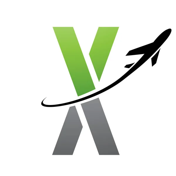 Green and Black Futuristic Letter X Icon with an Airplane on a White Background