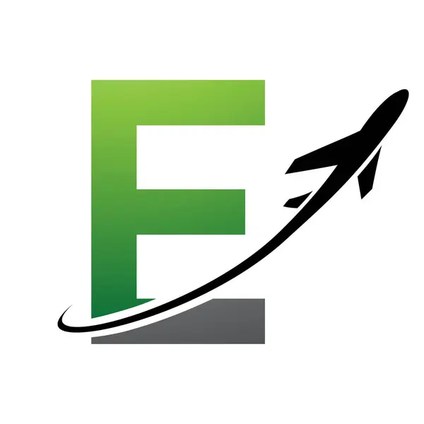 Green and Black Uppercase Letter E Icon with an Airplane on a White Background