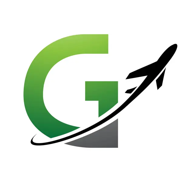 Green and Black Uppercase Letter G Icon with an Airplane on a White Background