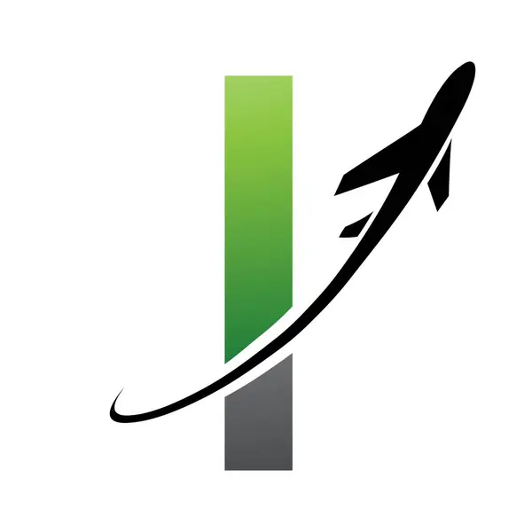 Green and Black Uppercase Letter I Icon with an Airplane on a White Background