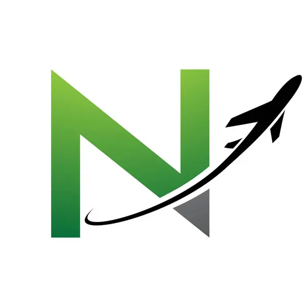 Green and Black Uppercase Letter N Icon with an Airplane on a White Background