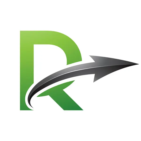 Green and Black Uppercase Letter R Icon with a Glossy Arrow on a White Background