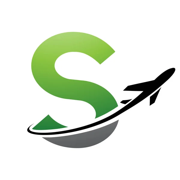 Green and Black Uppercase Letter S Icon with an Airplane on a White Background