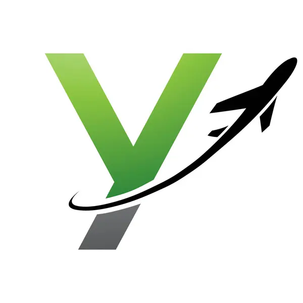 Green and Black Uppercase Letter Y Icon with an Airplane on a White Background