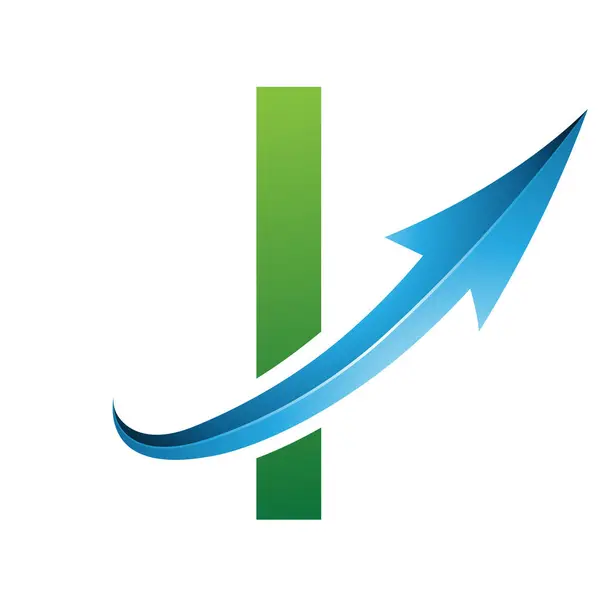 Green and Blue Futuristic Letter I Icon with a Glossy Arrow on a White Background