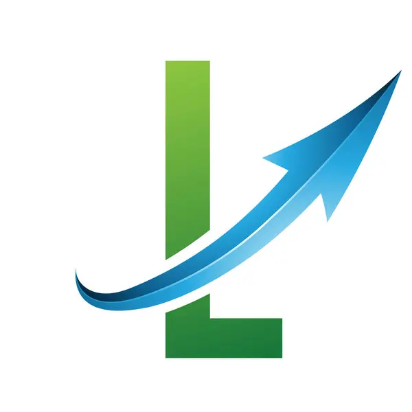 绿色和蓝色的未来派字母L Icon 白色背景上有光滑箭头 — 图库照片