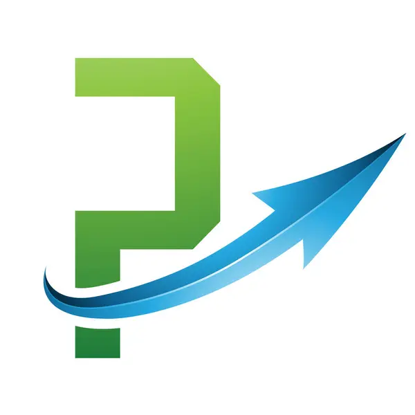 Green and Blue Futuristic Letter P Icon with a Glossy Arrow on a White Background