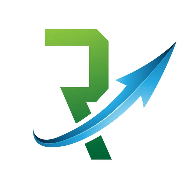 Green and Blue Futuristic Letter R Icon with a Glossy Arrow on a White Background
