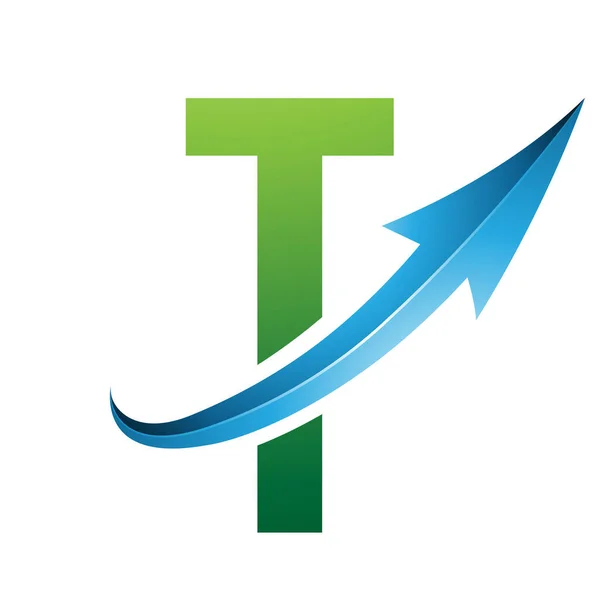 Green and Blue Futuristic Letter T Icon with a Glossy Arrow on a White Background
