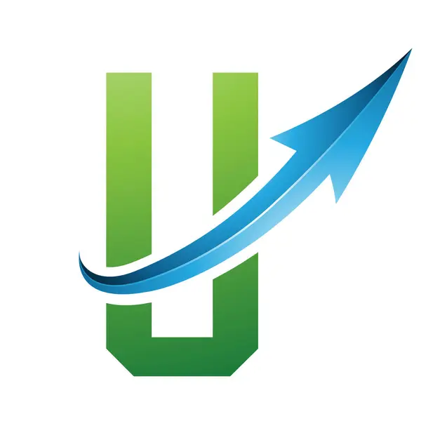 Green and Blue Futuristic Letter U Icon with a Glossy Arrow on a White Background