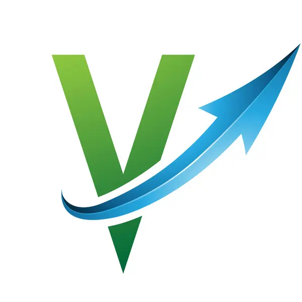 Green and Blue Futuristic Letter V Icon with a Glossy Arrow on a White Background