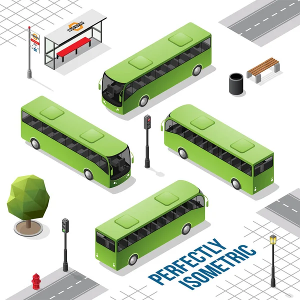 フロントバック右と左の緑色のアイソメトリックバスがホワイトで隔離 — ストック写真