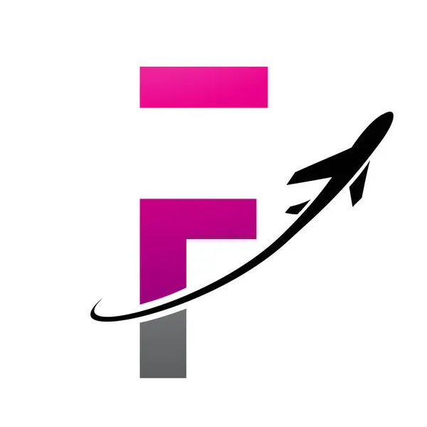 Magenta and Black Futuristic Letter F Icon with an Airplane on a White Background