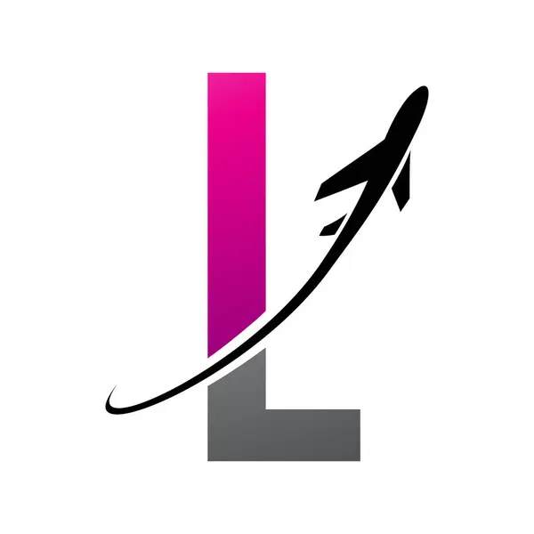 Magenta and Black Futuristic Letter L Icon with an Airplane on a White Background