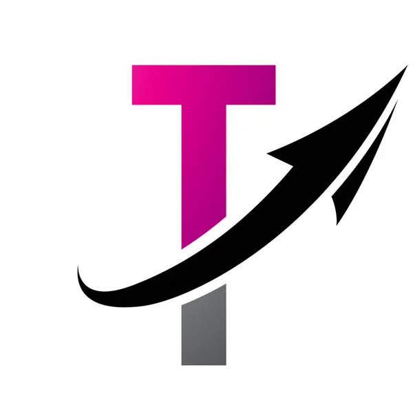 Magenta and Black Futuristic Letter T Icon with an Arrow on a White Background