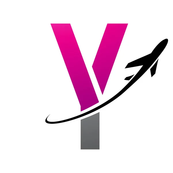 Magenta and Black Futuristic Letter Y Icon with an Airplane on a White Background