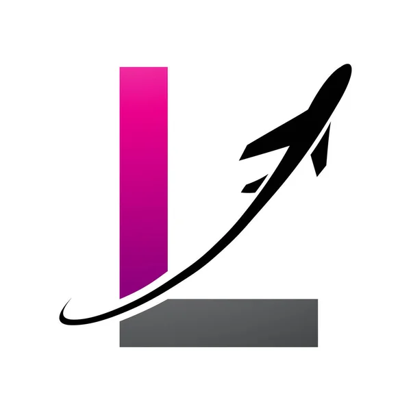 Magenta and Black Uppercase Letter L Icon with an Airplane on a White Background