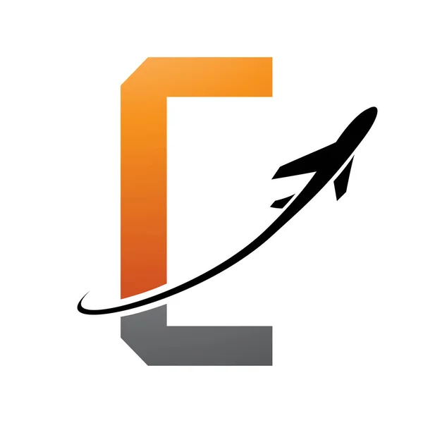 Orange and Black Futuristic Letter C Icon with an Airplane on a White Background