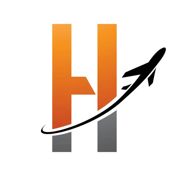 Orange and Black Futuristic Letter H Icon with an Airplane on a White Background