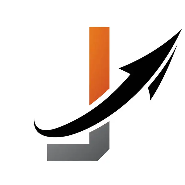 Orange and Black Futuristic Letter J Icon with an Arrow on a White Background