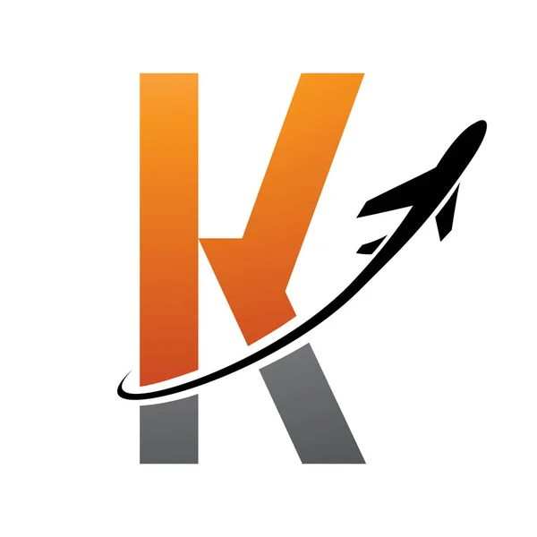 Orange and Black Futuristic Letter K Icon with an Airplane on a White Background