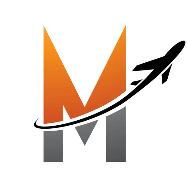 Orange and Black Futuristic Letter M Icon with an Airplane on a White Background