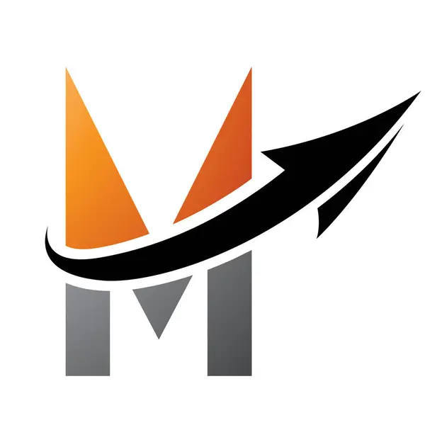 Orange and Black Futuristic Letter M Icon with an Arrow on a White Background