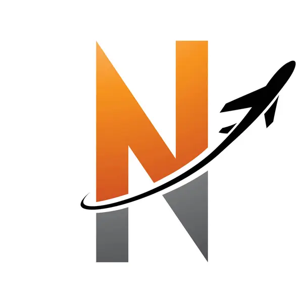 Orange and Black Futuristic Letter N Icon with an Airplane on a White Background