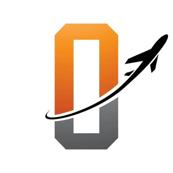 Orange and Black Futuristic Letter O Icon with an Airplane on a White Background