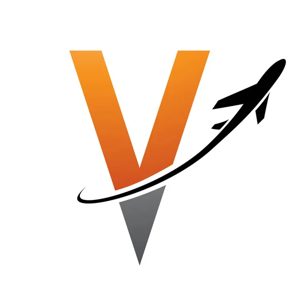 Orange and Black Futuristic Letter V Icon with an Airplane on a White Background