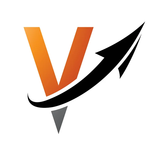 Orange and Black Futuristic Letter V Icon with an Arrow on a White Background