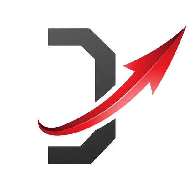 Red and Black Futuristic Letter D Icon with a Glossy Arrow on a White Background