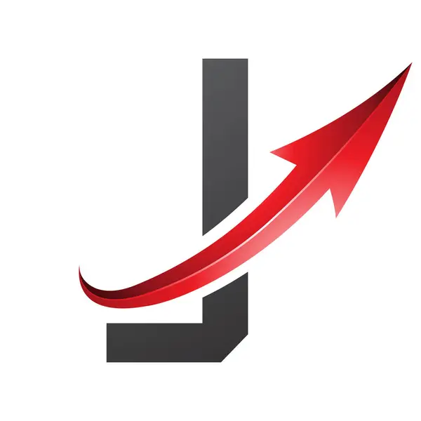 Red and Black Futuristic Letter J Icon with a Glossy Arrow on a White Background