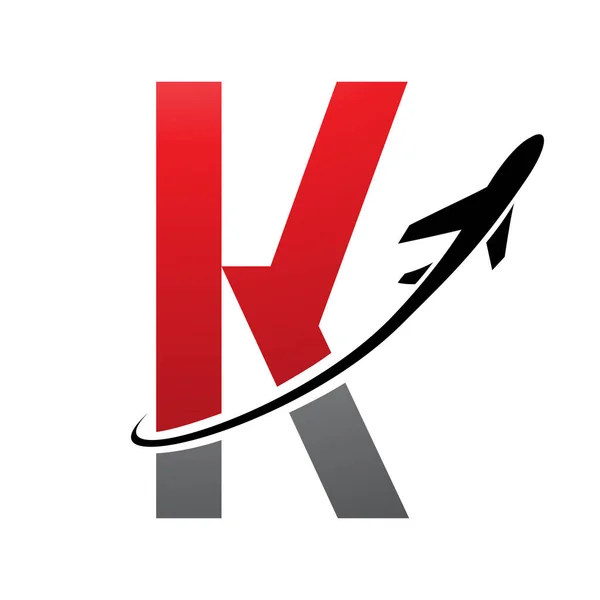 Red and Black Futuristic Letter K Icon with an Airplane on a White Background