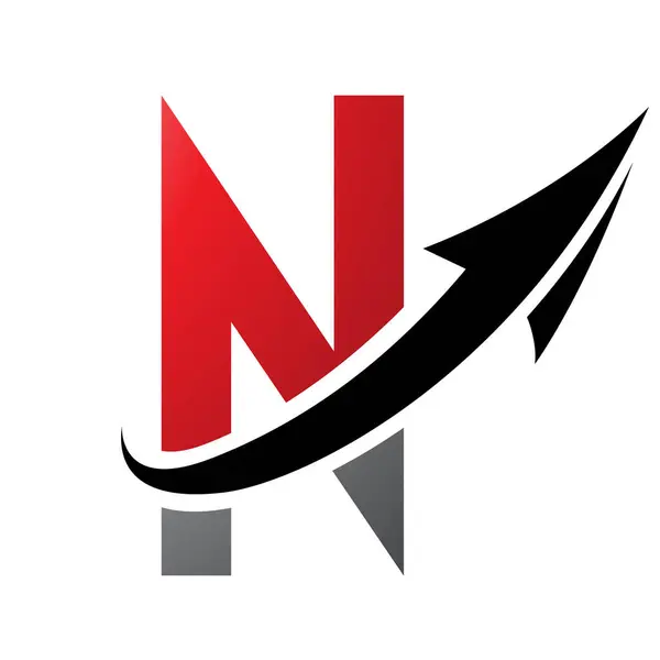 Red and Black Futuristic Letter N Icon with an Arrow on a White Background